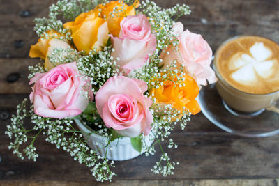 High angle view of rose bouquet on table