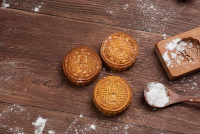 High angle view of cookies on table