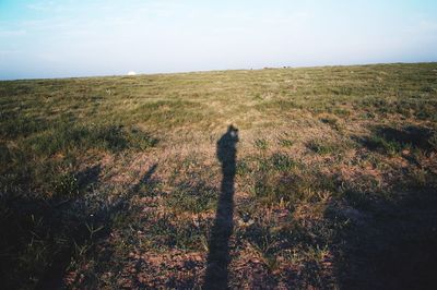 Shadow of person on field against sky