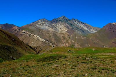 Scenic view of mountains against clear blue sky