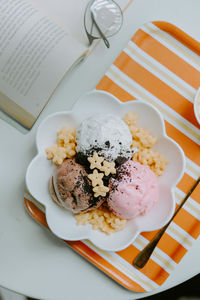 High angle view of dessert in plate on table