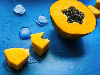 High angle view of orange slices on table