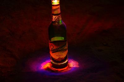 High angle view of beer bottles on table