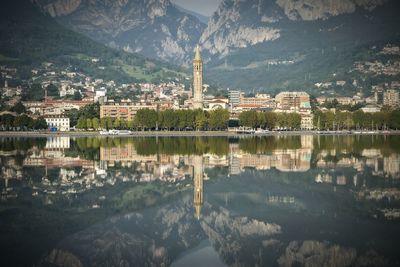 Reflection of cityscape in calm lake