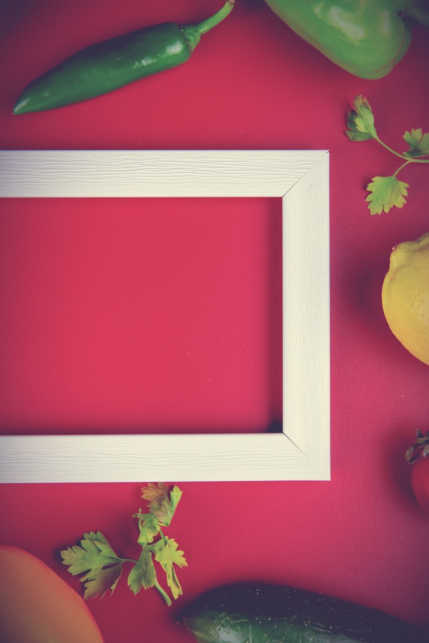 green, indoors, frame, no people, red, plant, food and drink, vegetable, picture frame, food, flower, healthy eating, still life, domestic room, nature, wellbeing, freshness, table, studio shot