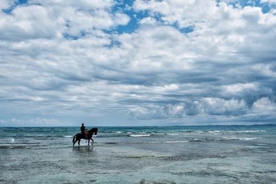 People enjoying on beach against sky