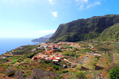 Houses by sea against sky