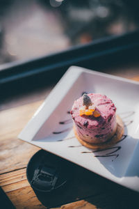 High angle view of dessert in plate on table