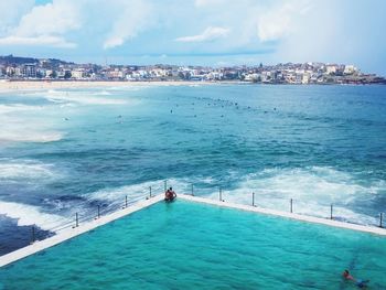 Scenic view of sea against blue sky