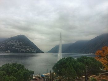 Scenic view of bay against cloudy sky