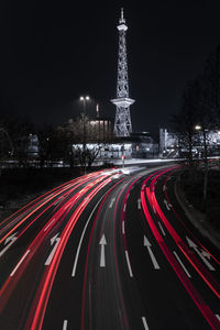 Light trails on road at night