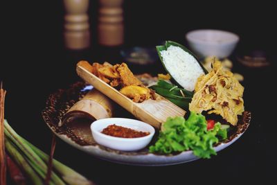 High angle view of meal served on table