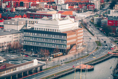 High angle view of street amidst buildings in city