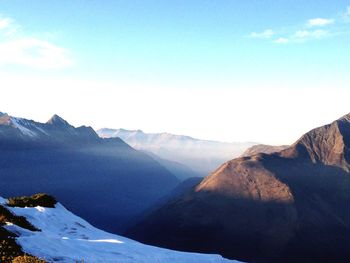 Scenic view of snowcapped mountains against sky