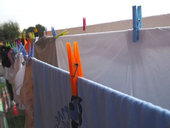 Close-up of clothes drying on clothesline