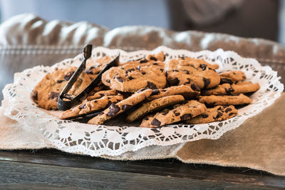 Close-up of chocolate chip cookies on table