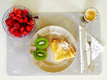 High angle view of breakfast served on table