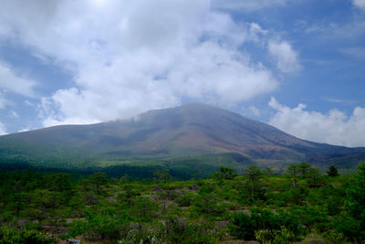 Scenic view of mountain range against cloudy sky