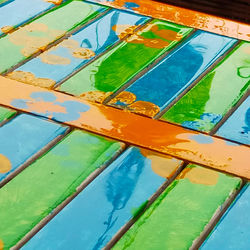 High angle view of multi colored water on metal