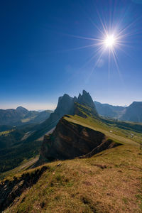 Scenic view of mountains against clear blue sky