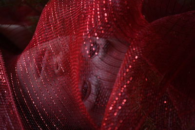 Portrait of woman seen through red scarf