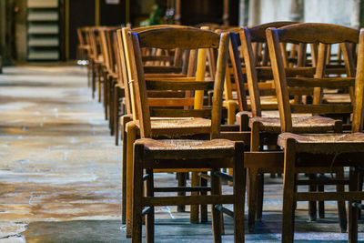 Empty chairs and table in restaurant