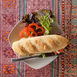 High angle view of breakfast served on table