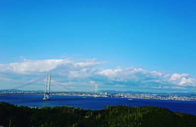 Suspension bridge over sea against sky