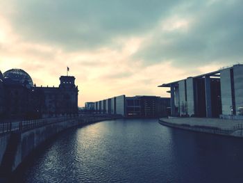 Buildings against cloudy sky at sunset