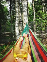 Low section of person relaxing on hammock in forest