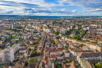 High angle shot of townscape against sky