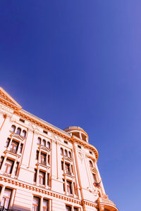 Low angle view of building against clear blue sky