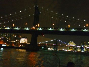 Illuminated bridge over river at night