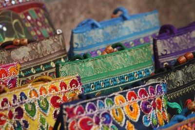 High angle view of various displayed for sale