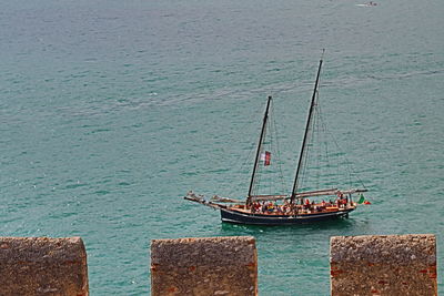 High angle view of sailboat in sea