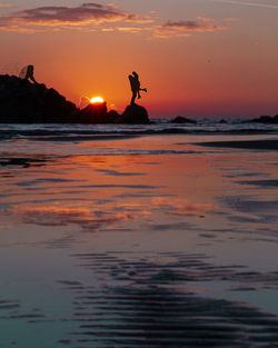 Silhouette people on beach against sky during sunset