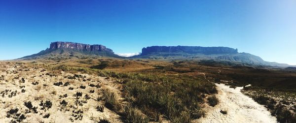 Scenic view of mountains against clear blue sky