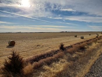 Hay bales on field against sky