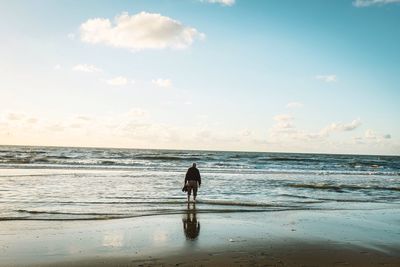 Scenic view of sea with dog in background