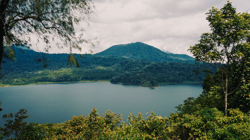 Scenic view of lake and mountains against sky