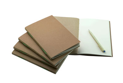 High angle view of books on white background