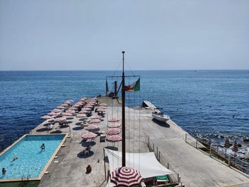High angle view of flags on sea against clear sky