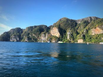 Scenic view of sea against clear blue sky