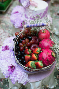 High angle view of strawberries in bowl