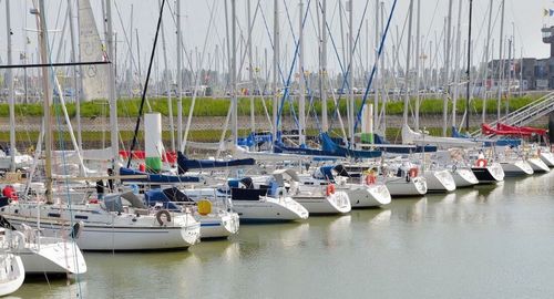 Boats moored in sea