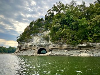 Scenic view of an abandoned tunnel to the town under the lake