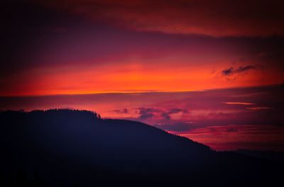 Silhouette landscape against dramatic sky during sunset