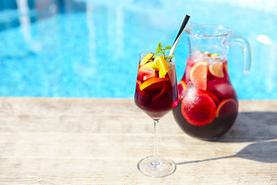 Close-up of drink on table against swimming pool