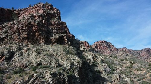 Low angle view of rocky mountain against sky