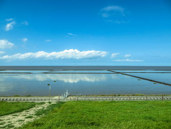 Scenic view of sea against blue sky